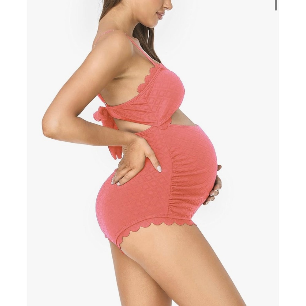 NEW East Elegant Maternity Small Swimsuit‎ One Piece Bow Cutout Coral Swimwear - Picture 4 of 10